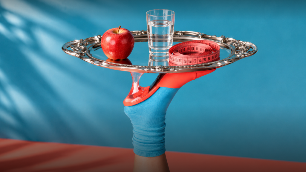 Weight won't come off: apple, glass of water and measuring tape on a tray