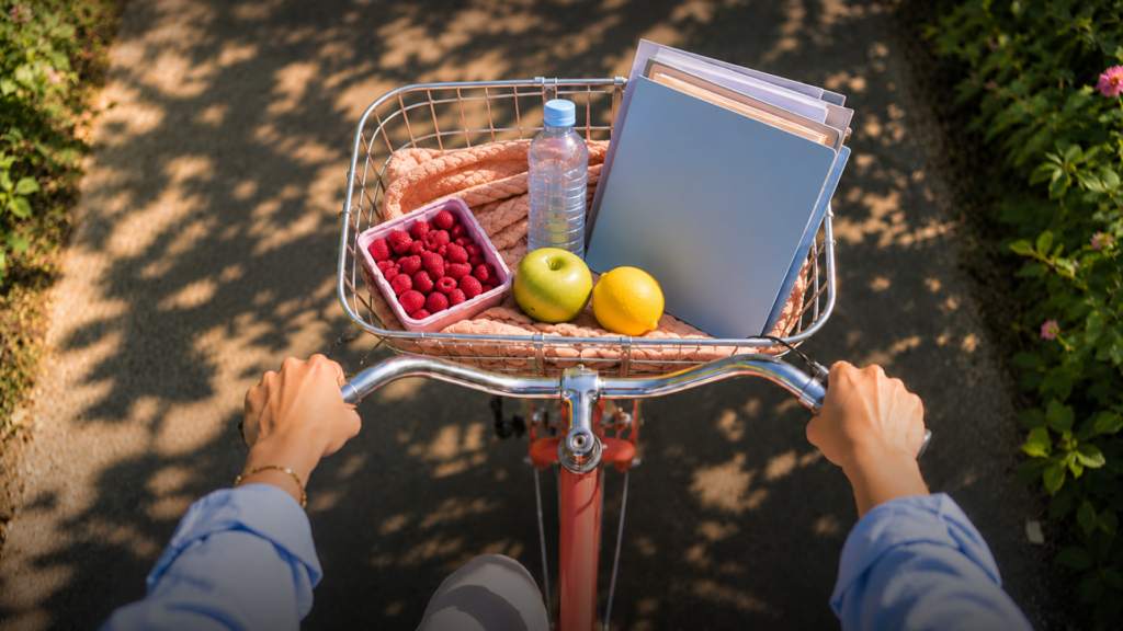 Annual check-up: fresh fruit, water and medical folders in a bicycle basket