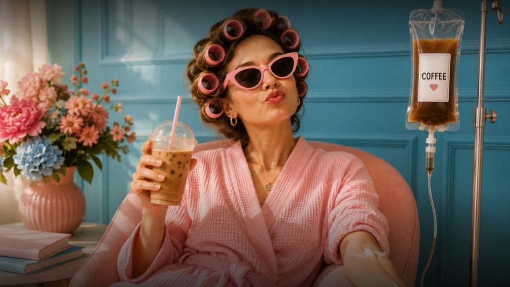 Coffee and heart — woman with iced coffee and IV drip, Silk Medical