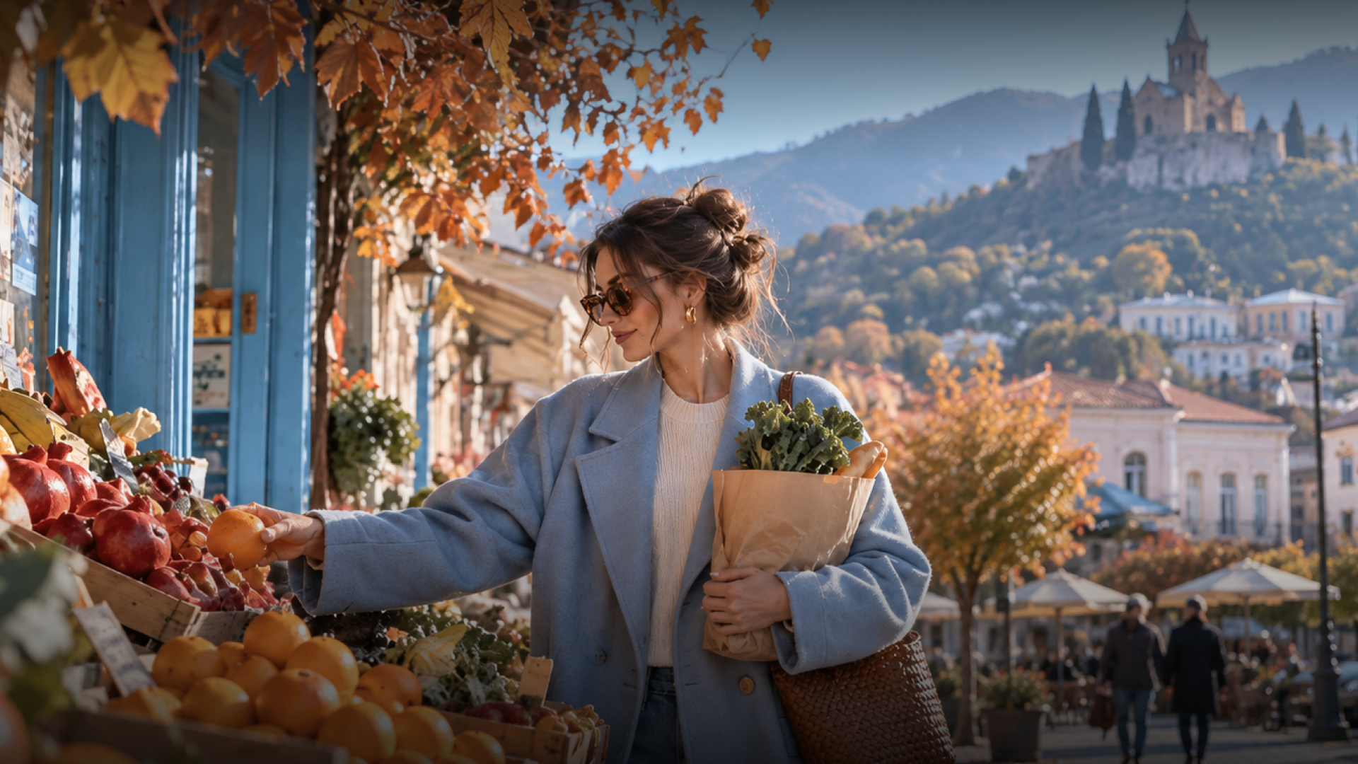 Vitamins in autumn: a woman choosing fresh fruit at a market in Tbilisi