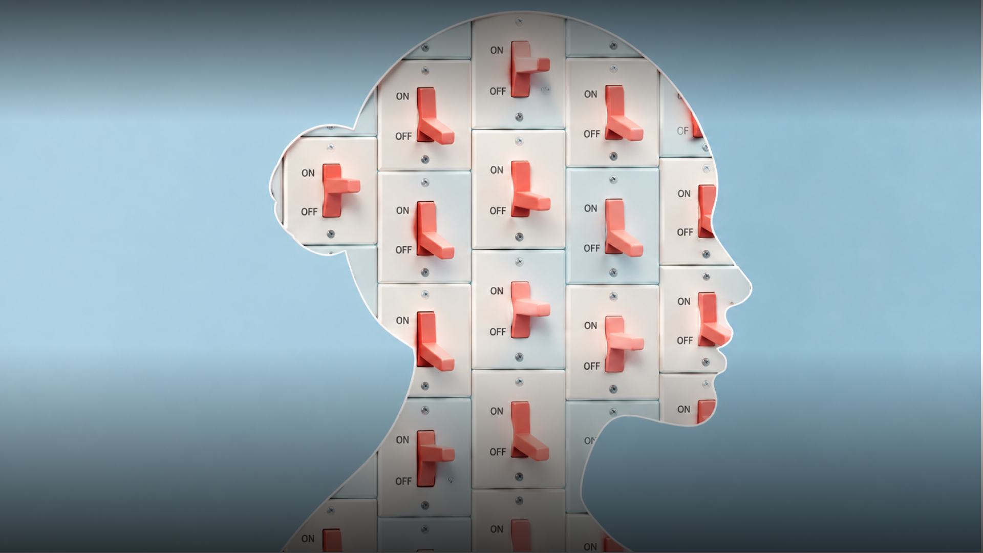 OCD symptoms: head silhouette with ON/OFF switches illustrating intrusive thoughts and rituals