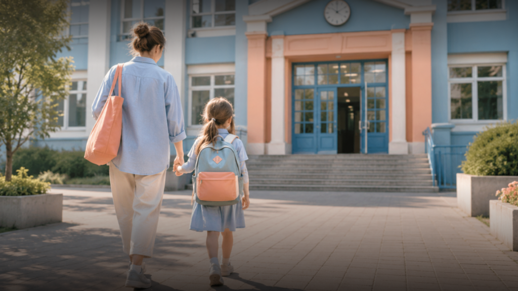 Back-to-school adjustment: mother walking her daughter with a backpack to school