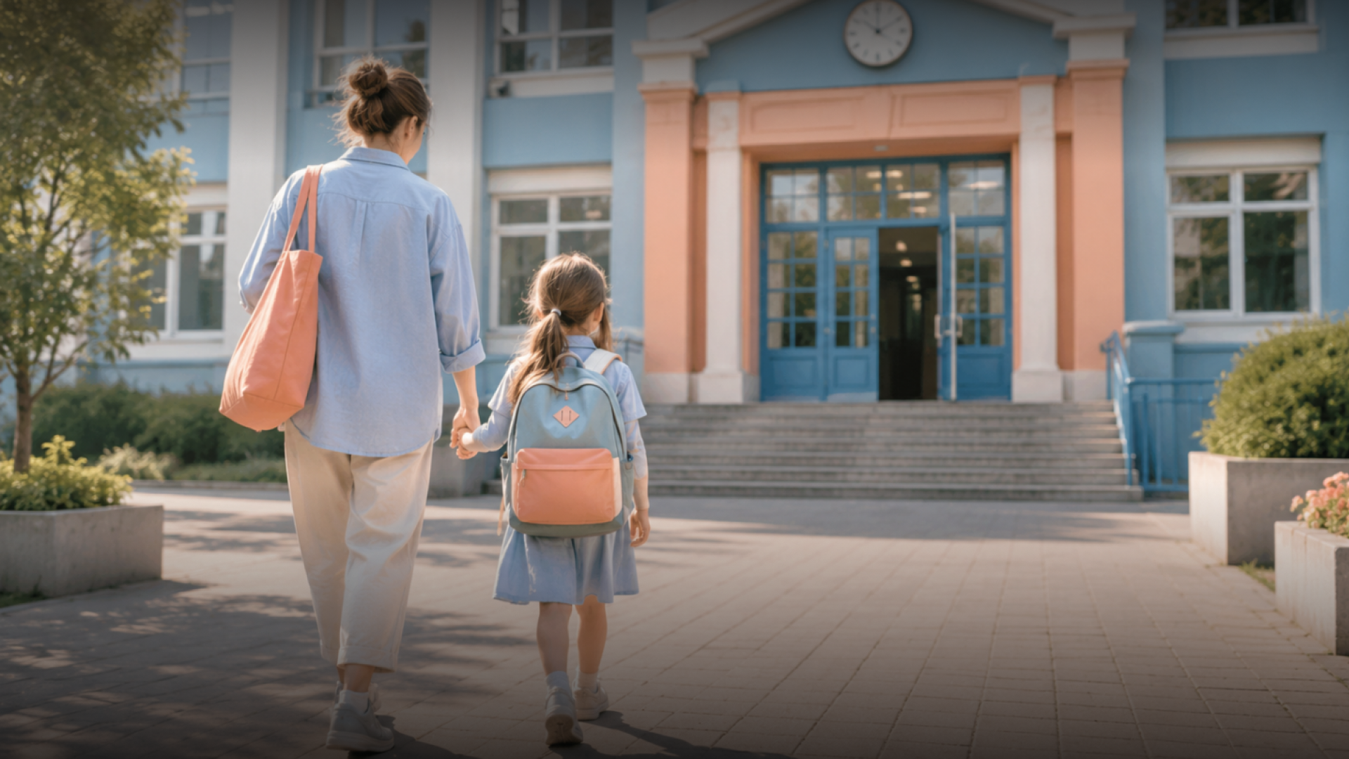 Back-to-school adjustment: mother walking her daughter with a backpack to school