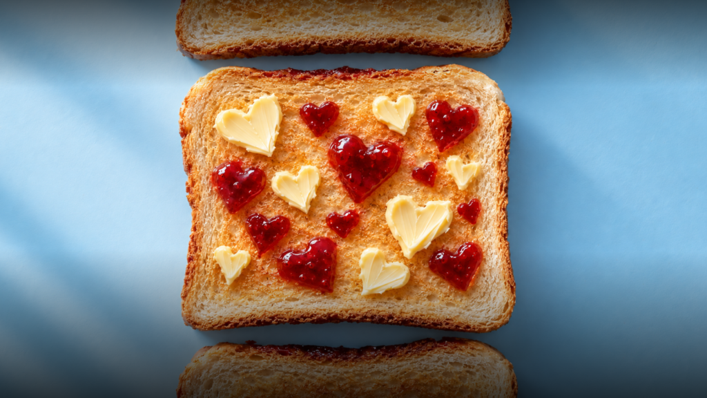 Heart health habits illustrated by toast with butter and jam hearts